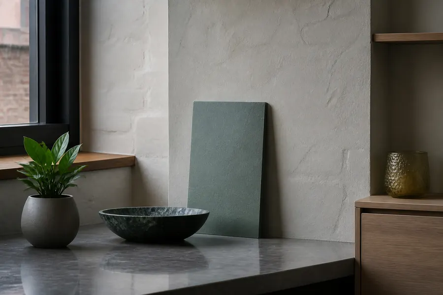Calm consult-room detail with cool stone surfaces and soft daylight